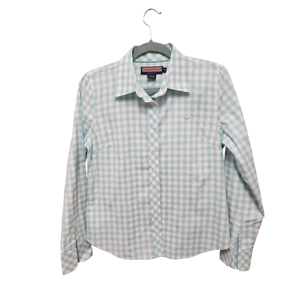 Vineyard Vines Womens Medium Gingham Button Down Shirt Blue White Whale Logo